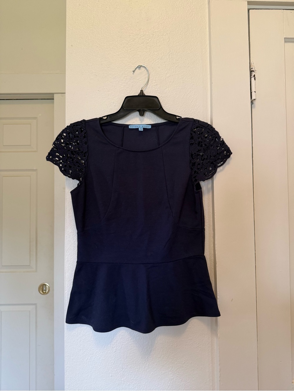 ANTONIO MELANI Navy Peplum Top with Crochet Cap Sleeves